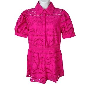Mainstrip Hot Pink Eyelet Romper Puff Sleeve L NWT barbiecore summer festival